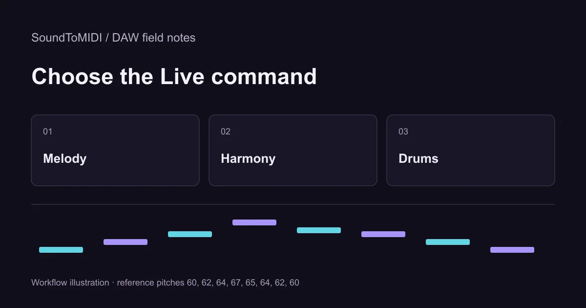 Choose the Live command: Melody, Harmony, Drums. Workflow illustration with the eight reference pitches.