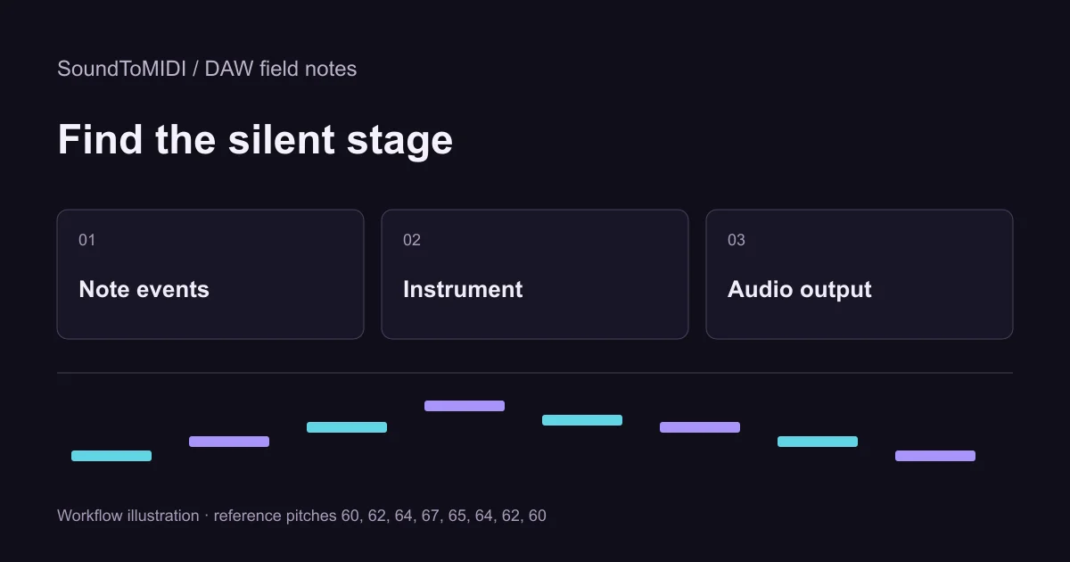 Find the silent stage: Note events, Instrument, Audio output. Workflow illustration with the eight reference pitches.