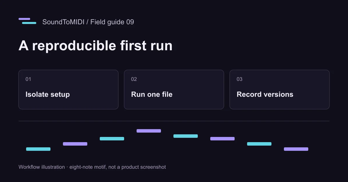 A reproducible first run: Isolate setup, Run one file, Record versions. Illustrated eight-note motif.