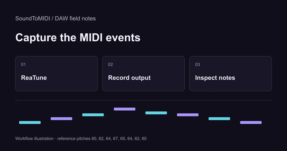 Capture the MIDI events: ReaTune, Record output, Inspect notes. Workflow illustration with the eight reference pitches.
